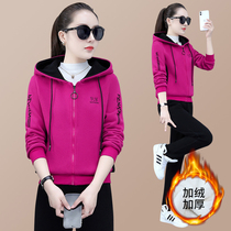 361 sports casual suit women's winter Jordan Nuo loose size plus velvet padded hooded two-piece running suit