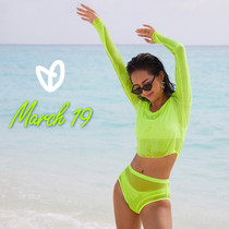 March19 new bikini beach sunscreen fluorescent color sexy see-through holiday surfing swimsuit womens blouse