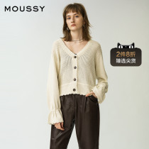 MOUSSY Spring and Autumn new V-neck balloon sleeve hollow casual knitted cardigan women 010DA770-5910