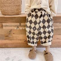 Xiao Ji Gu 2021 New Product ~ Childrens Plaid Haren Pants Baby Korean Wash Cotton Casual Pants 3