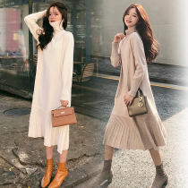 Hong Kong pregnant women sweater womens autumn and winter loose dress long high collar inside knit base shirt long knee