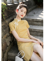 MAJEGOT yellow plaid qipao short section 2022 new small sub everyday dress youthful with improved version