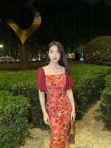 Zhao Youzhen retro burgundy flying sleeves waist thin skirt French design sense peony print dress female summer