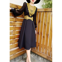 2022 autumn dress new temperament age reduction tie thin small figure a-line skirt contrast lace patchwork dress woman