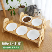 Pet ceramic kitten bowl rack oblique neck protection food water anti-knock dog adjustable double bowl three bowl bamboo wood heatup