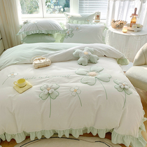 Small frescoed whole cotton washed cotton four pieces of Teenage Girl Hearts Three-dimensional Floral Embroidery Quilt Cover Soft Pure Cotton Bed Bedding