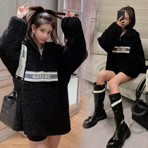 2021 autumn and winter maternity dress lamb hair personality letter hooded vests fashion loose casual long top