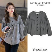 Pregnant women autumn coat 2021 new wooden ear aged baby shirt small man loose Joker plaid shirt