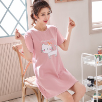 Sleeping Skirt Woman Summer Short Sleeve Cartoon Sexy Pure Cotton Cute home Sleeping Dress Up for overweight Outer wear for sweet and casual