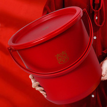 Plastic household large red housewarming new home wedding supplies red bucket with lid happy bucket bucket portable dowry rice bucket