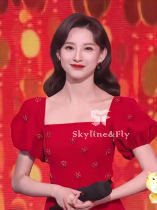 High-end customized Spring Festival Gala Host Marfan Shu stars the same nail beaded red dress Bubble Sleeves A Hem Dress