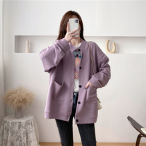  Large size pregnant women spring and autumn 2021 new Korean fashion loose cardigan sweater tide mother mid-length thin jacket