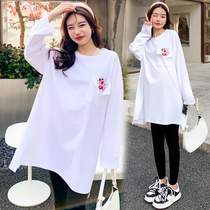 Pregnant Woman Spring Dress Long Sleeves Bottom Pure Cotton T-Shirt Fashion Style Suit Korean Version Big Code Medium Long Style Loose Dress Woman