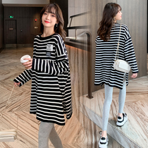 2022 Spring loaded with new suit big code gestation woman in Korean version with slim striped sweatshirt with undersleeve head long sleeve t-shirt woman