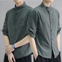 2021 new mens linen shirt summer handsome slim pure cotton seven-point sleeve port wind half-sleeve shirt mens short-sleeved shirt