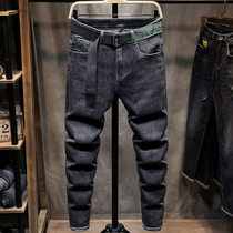 Black Gray plus velvet padded jeans men autumn and winter slim feet 2021 New Tide brand stretch casual pants