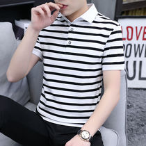 Hong Kong fashion brand lapel POLO shirt mens short-sleeved t-shirt trend slim black and white striped mens wild fashion top
