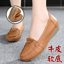 Soft-soled mothers shoes spring and autumn leather Doudou flat single shoes non-slip comfortable middle-aged and elderly womens shoes casual leather shoes women