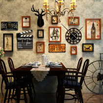 American retro photo wall decoration creative deer head frame wall with clock combination restaurant background photo wall hanging decoration