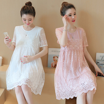 Pregnant womens summer Korean sweet lace short-sleeved skirt wear mesh dress during pregnancy