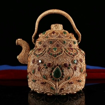  Tibetan monasteries collect old Tibetan silver handmade inlaid with natural stones silk Tibetan silver teapot ornaments