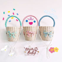 ins summer new Korean cute childrens bag bow bucket bag childrens straw bag girl wild basket