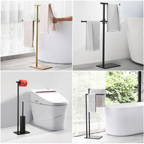 Golden non-hole floor vertical towel rack stainless steel toilet brush paper towel rack black movable folding clothes hook