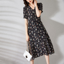  High-end heavy silk summer 2021 new French retro gentle wind mulberry silk short-sleeved floral dress