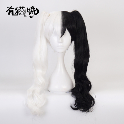 taobao agent Black and white bear's anthropomorphic transfer women's COS cos wigs with cat cake projectiles, black and white long roll double ponytail hair