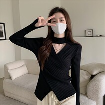 Large size fat mm temperament sexy hanging neck cross knitted bottoming shirt women autumn and winter careful machine hollow slim sweater tide