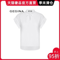 GEGINA White short-sleeved Chiffon shirt womens stand-up collar lace-up ruffle temperament wild top