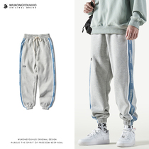 Wukong has goods autumn and winter letter string stitching plus velvet pants mens Tide brand street loose leisure sports pants