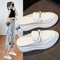 Leather Baotou half slippers womens 2021 summer new wild one pedal outside wearing cool drag heightening thick-soled white shoes