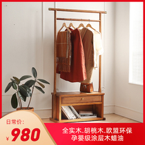 Walnut bedroom solid wood coat rack clothes rack household hanger floor door changing shoe stool hanger integrated
