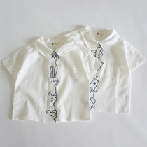 Very soft Woven Cotton Shirt Creative Embroidery Animal Long Sleeve Boys)Girls White Lapel Shirt Top