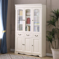 Full solid wood bookcase American style European-style two doors three doors with glass children ivory white living room floor bookcase