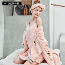 2021 Winter new pajamas women coral velvet padded long sexy sling robe three-piece set can be worn outside