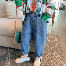 Girls jeans autumn 2021 new little girl Korean version of foreign style fashion Children Spring and Autumn loose straight trousers