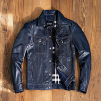 Storm Knight Blue Dressed Denim Leather Jacket Short Pure First Layer Cowhide Leather Leather Leather Leather Mens Lapel Coat