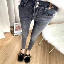 Giant thin~smoky gray nine-point jeans womens high waist stretch tight pants hip pencil pants summer 2021