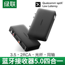 For green Bluetooth wireless receiver audio 3 5mm connected to old audio amplifier speaker headset computer hand