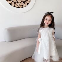 ins 21 summer catwalk girl baby solid color white detachable bow dress elegant princess dress