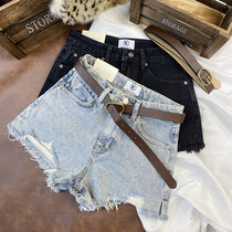 Light blue and white flash split denim shorts womens 2021 new summer Korean a word loose thin hot pants