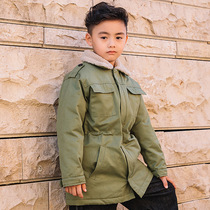 Medium-length children warm cotton clothes autumn winter thickened windproof insulation boy cotton padded jacket green fur jacket cotton jacket