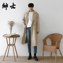 Khaki English coat mens autumn thin double-breasted lace-up lapel loose mid-knee windbreaker