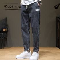 TOUCH MISS mens mid-waist stretch plus velvet padded jeans mens big size fattening trendy fat mens pants