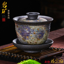Rock and mineral coarse pottery Sancai Gaiwan Teacup Japanese-style can raise pure handmade wood-fired tea set tea bowl large single high-end