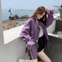 Tide brand womens Joker purple overalls 2021 New Korean version of loose waist flared sleeve stand collar windbreaker coat women