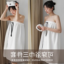 Japanese bath towel women can wear in summer can be wrapped in household cotton water absorption quick-drying hairless bath skirt bathrobe three-piece set