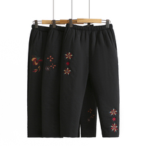 Middle-aged and elderly women's pants mother plus velvet padded cotton pants winter loose high waist embroidered grandma pants wear warm pants